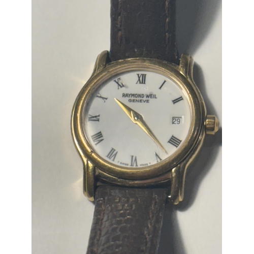 685 - A RAYMOND WEIL GENEVE GOLD PLATED LADIES WRIST WATCH WITH BROWN LEATHER STRAP