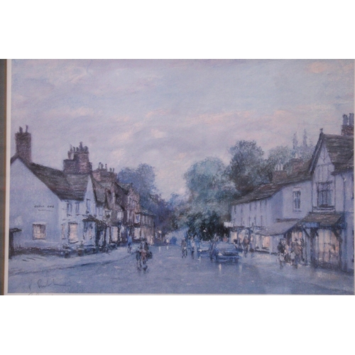 845 - A FRAMED AND MOUNTED PRINT OF PRESTBURY VILLAGE - SIGNED