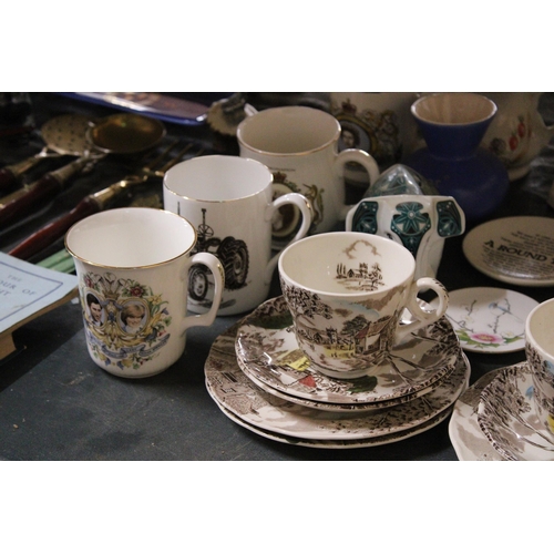 848 - A QUANTITY OF CERAMICS TO INCLUDE W H GRINDLEY CUPS, SAUCERS AND PLATES, THIMBLES, COMMEMORATIVE CUP... 