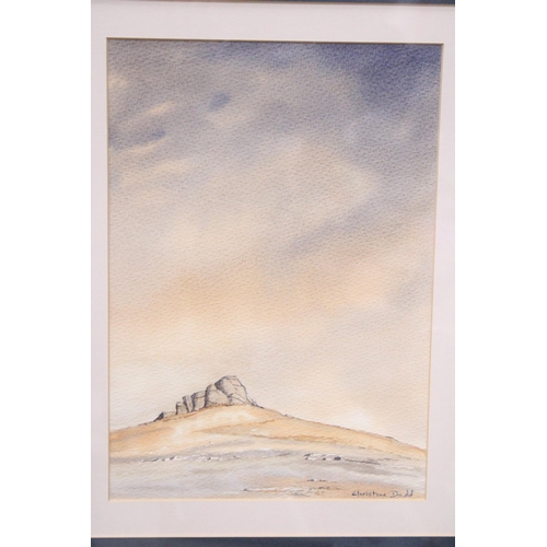 859 - A WATERCOLOUR ON TEXTURED PAPER OF A LANDSCAPE, SIGNED CHRISTINE DODD