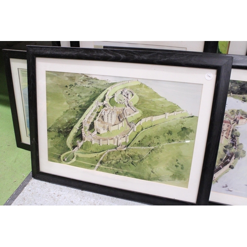 872 - FIVE FRAMED PRINTS OF AERIAL VIEWS OF CASTLES