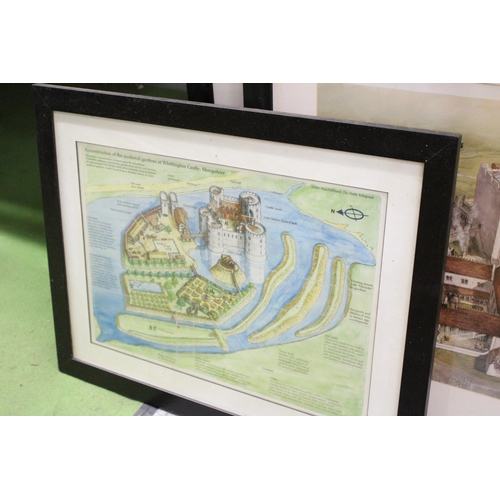 872 - FIVE FRAMED PRINTS OF AERIAL VIEWS OF CASTLES