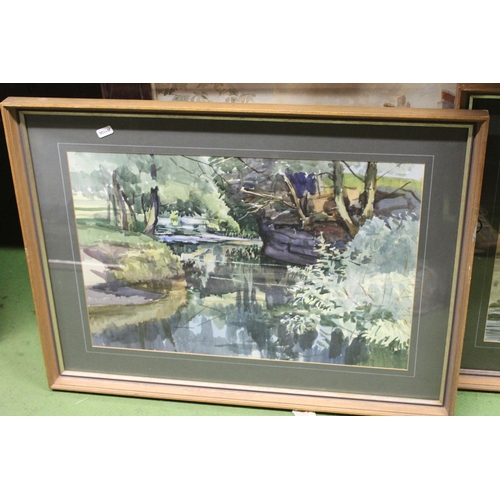 874 - THREE LARGE FRAMED WATERCOLOURS OF A LARGE HOUSE AND TWO RIVER SCENES