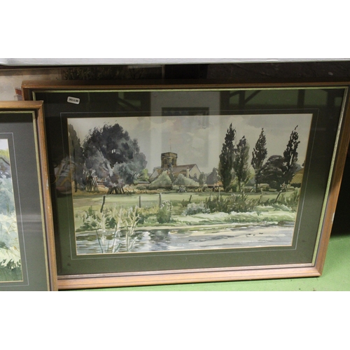 874 - THREE LARGE FRAMED WATERCOLOURS OF A LARGE HOUSE AND TWO RIVER SCENES