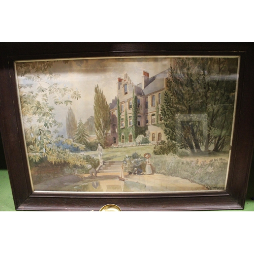 874 - THREE LARGE FRAMED WATERCOLOURS OF A LARGE HOUSE AND TWO RIVER SCENES