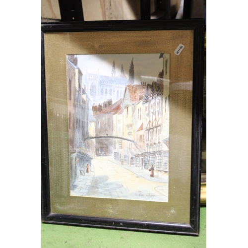 876 - A SIGNED ALFRED DURHAM WATERCOLOUR OF A VINTAGE STREET SCENE PLUS TWO PRINTS