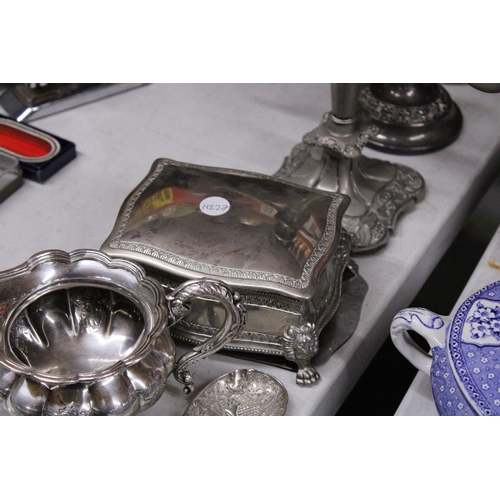 881 - THREE CANDLEABRAS, A SILVER PLATED BOX, JUG AND BERRY SPOON SERVING SET