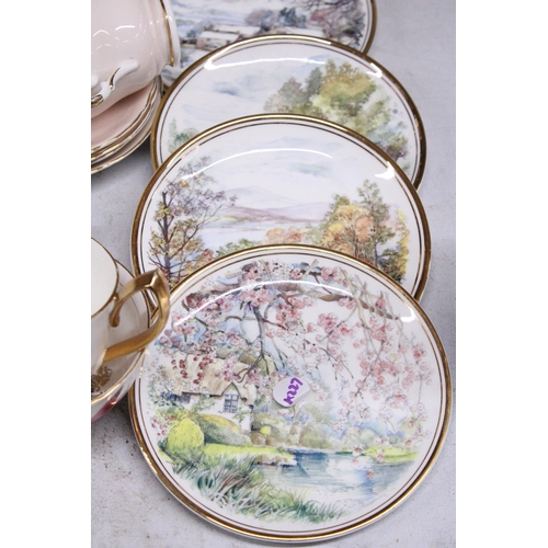 884 - A QUANTITY OF VINTAGE TEA CUPS, SAUCERS AND PLATES PLUS SIX SMALL CABINET PLATES