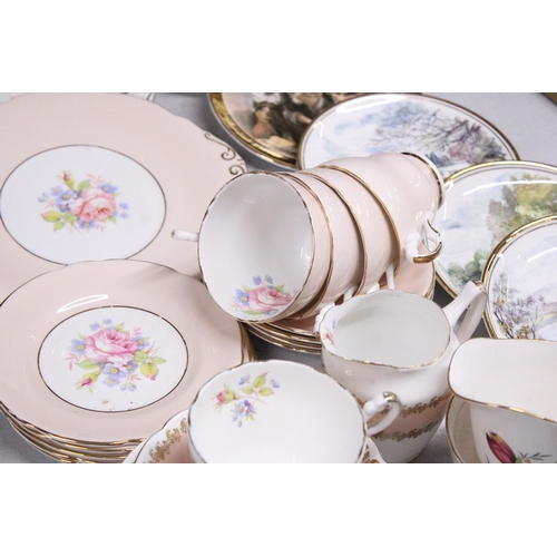 884 - A QUANTITY OF VINTAGE TEA CUPS, SAUCERS AND PLATES PLUS SIX SMALL CABINET PLATES