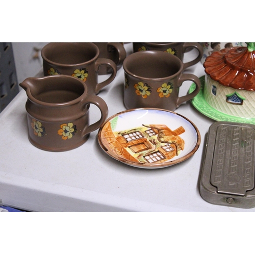 901 - A SADLER STONEWRE COFFEE SET WITH COFFEE POT, SUGAR BOWL, CREAM JUG AND CUPS, A PORCELAIN FIGURE OF ... 