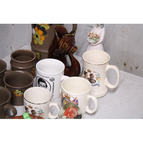 901 - A SADLER STONEWRE COFFEE SET WITH COFFEE POT, SUGAR BOWL, CREAM JUG AND CUPS, A PORCELAIN FIGURE OF ... 