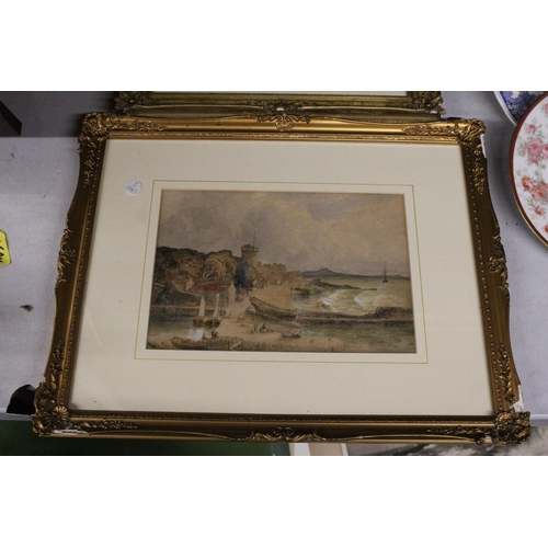 913 - TWO GILT FRAMED PRINTS OF VINTAGE SCENES, A HARBOUR AND A FARMER WITH SHEEP