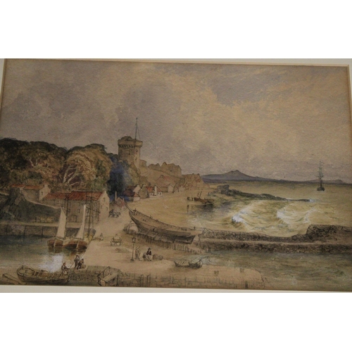 913 - TWO GILT FRAMED PRINTS OF VINTAGE SCENES, A HARBOUR AND A FARMER WITH SHEEP