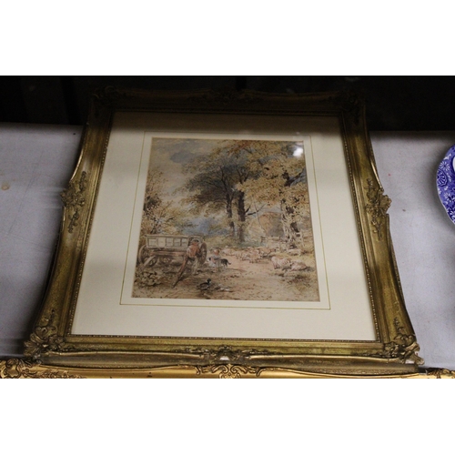 913 - TWO GILT FRAMED PRINTS OF VINTAGE SCENES, A HARBOUR AND A FARMER WITH SHEEP