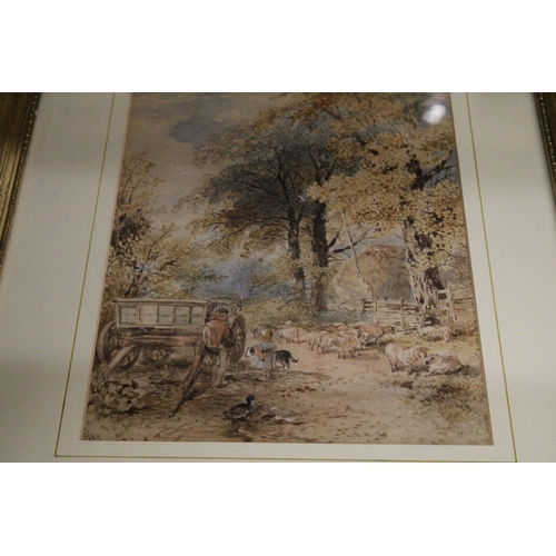 913 - TWO GILT FRAMED PRINTS OF VINTAGE SCENES, A HARBOUR AND A FARMER WITH SHEEP