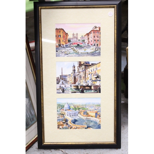 928 - A FRAMED MONTAGE OF THREE WATERCOLOURS OF ROME PLUS A PRINT 'FEEDING THE SWANS'