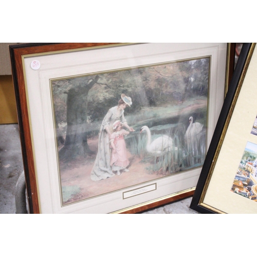 928 - A FRAMED MONTAGE OF THREE WATERCOLOURS OF ROME PLUS A PRINT 'FEEDING THE SWANS'