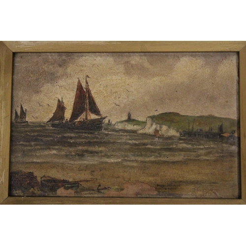 929 - AN OIL ON CANVAS OF BOATS ON THE SEA WITH A BEACH TO IN THE FOREGROUND SIGNED T FITTON 03/02/22 WITH... 