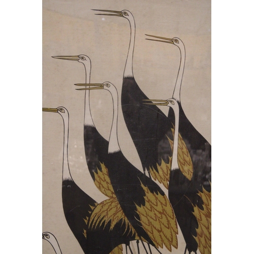 936 - A PRINT ON FABRIC OF ASIAN CRANES, FRAMED, 61CM X 106CM