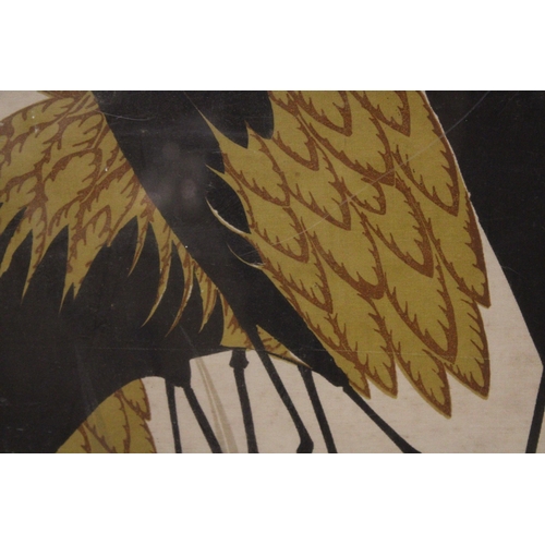 936 - A PRINT ON FABRIC OF ASIAN CRANES, FRAMED, 61CM X 106CM