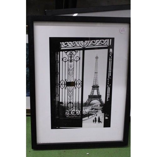 945 - THREE FRAMED PHOTOGRAPHIC PRINTS, THE EIFFEL TOWER, AR MEN LIGHTHOUSE AND RUSSELL FALLS