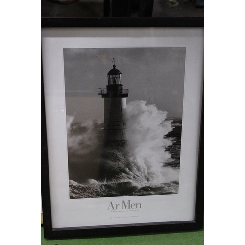 945 - THREE FRAMED PHOTOGRAPHIC PRINTS, THE EIFFEL TOWER, AR MEN LIGHTHOUSE AND RUSSELL FALLS