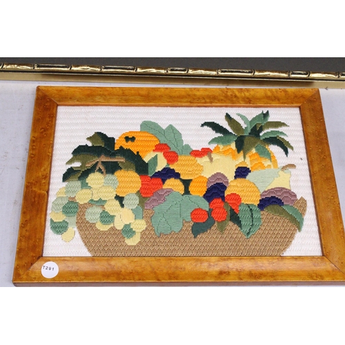 956 - AN ORIENTAL STYLE FLORAL WATERCOLOUR WITH CHARACTER MARKS IN A GILT BAMBOO STYLE FRAME PLUS A NEEDLE... 