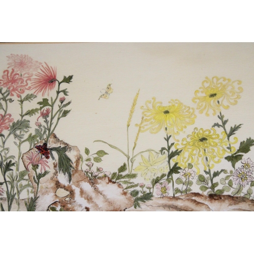 956 - AN ORIENTAL STYLE FLORAL WATERCOLOUR WITH CHARACTER MARKS IN A GILT BAMBOO STYLE FRAME PLUS A NEEDLE... 