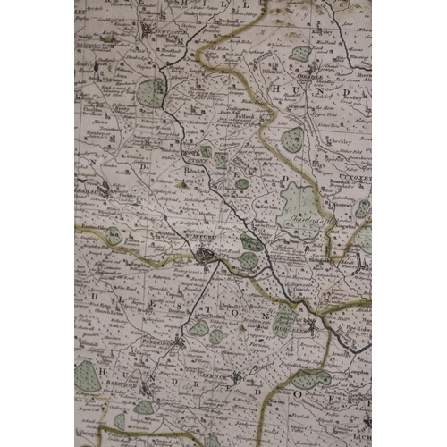 972 - A FRAMED VINTAGE MAP OF STAFFORD TO INCLUDE PARTS OF SHROPSHIRE, CHESHIRE, DERBYSHIRE AND WARWICKSHI... 