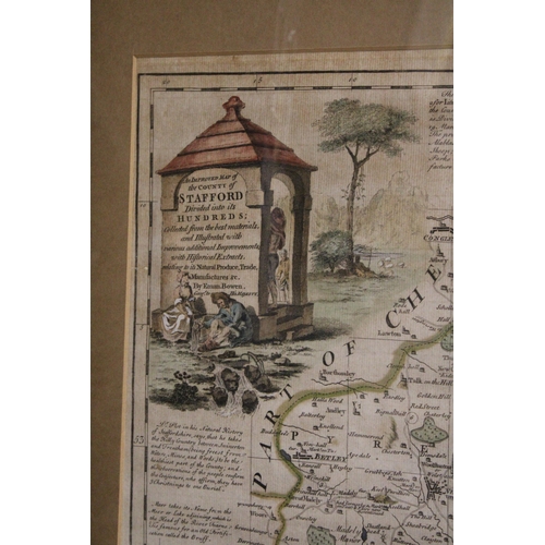 972 - A FRAMED VINTAGE MAP OF STAFFORD TO INCLUDE PARTS OF SHROPSHIRE, CHESHIRE, DERBYSHIRE AND WARWICKSHI... 