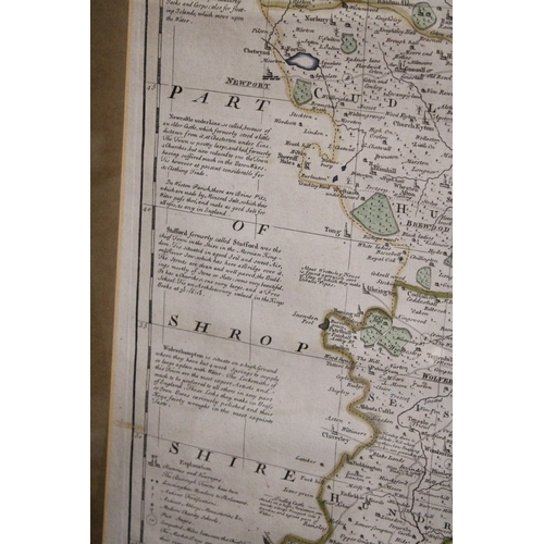 972 - A FRAMED VINTAGE MAP OF STAFFORD TO INCLUDE PARTS OF SHROPSHIRE, CHESHIRE, DERBYSHIRE AND WARWICKSHI... 