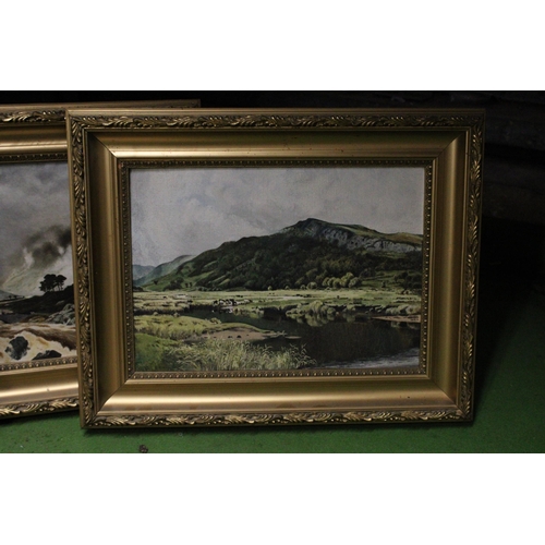 973 - THREE OIL PAINTINGS ON CANVAS OF COUNTRY AND RIVER SCENES IN GILT FRAMES PLUS A FLORAL WATERCOLOUR