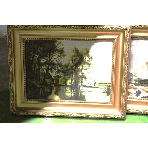 973 - THREE OIL PAINTINGS ON CANVAS OF COUNTRY AND RIVER SCENES IN GILT FRAMES PLUS A FLORAL WATERCOLOUR