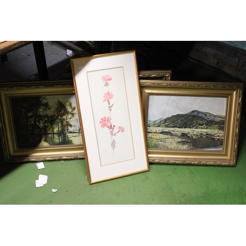 973 - THREE OIL PAINTINGS ON CANVAS OF COUNTRY AND RIVER SCENES IN GILT FRAMES PLUS A FLORAL WATERCOLOUR