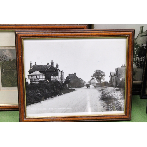 975 - EIGHT FRAMED PRINTS TO INCLUDE TWO PHOTOGRAPHIC PRINTS OF A HUNT OUTSIDE A PUB AND MEIR HEATH PLUS E... 