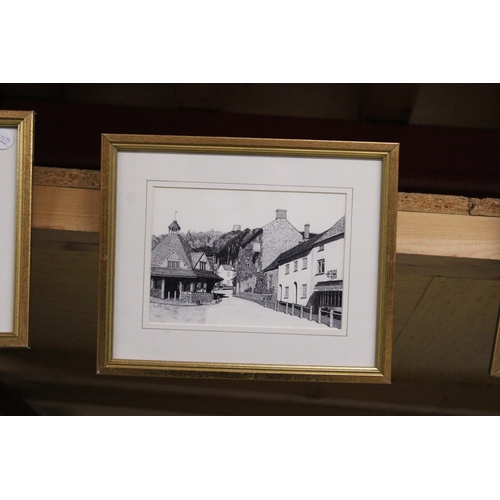 994 - THREE FRAMED PRINTS OF VILLAGE SCENES AND A HARBOUR SCENE