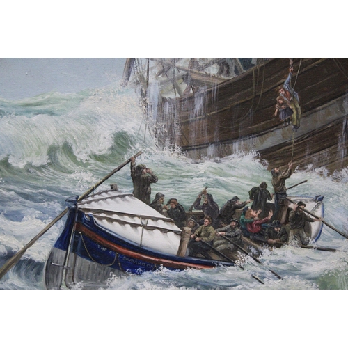 998 - A SIGNED SUTTON, 1983 OIL ON CANVAS OF A VINTAGE LIFE BOAT ON A STORMY SEA RESCUING PASSENGERS FROM ... 