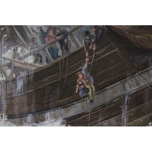 998 - A SIGNED SUTTON, 1983 OIL ON CANVAS OF A VINTAGE LIFE BOAT ON A STORMY SEA RESCUING PASSENGERS FROM ... 