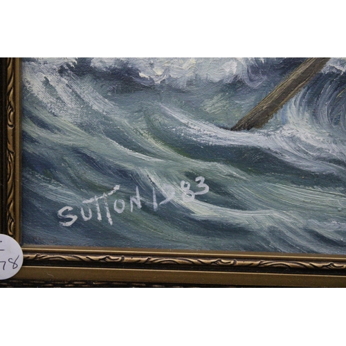 998 - A SIGNED SUTTON, 1983 OIL ON CANVAS OF A VINTAGE LIFE BOAT ON A STORMY SEA RESCUING PASSENGERS FROM ... 