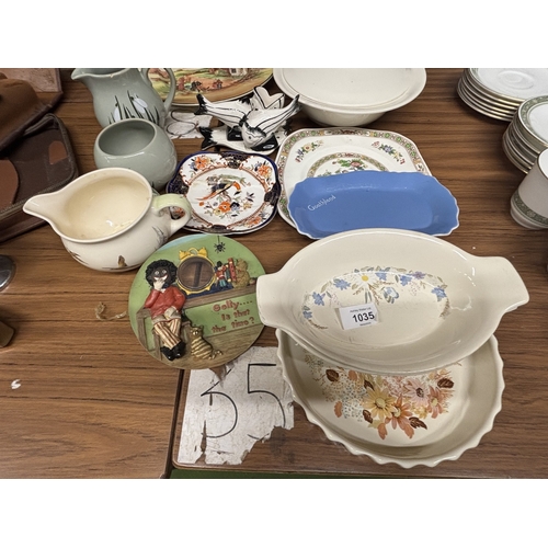 1035 - A MIXED LOT TO INCLUDE DENBY, STUDIO POTTERY, POOLE POTTERY, ROYAL DOULTO PLATE, ETC.,