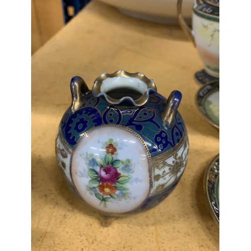 372 - A PAIR OF NORITAKE JAPANESE HAND PAINTED FLORAL DESIGN CAULDRON TRIPOD VASES WITH GOLD MORIAGE