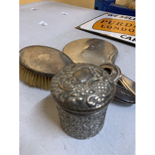 50 - A HALLMARKED SILVER BRUSH AND MIRROR SET, LIDDED POT WITH ORNATE DECORATION AND A LID