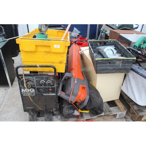 359 - PALLET OF MIXED ITEMS INCLUDING CEBORA MIG WELDER, FLYMO VAC, SHELL CAN, FLUE PARTS ETC.  + VAT