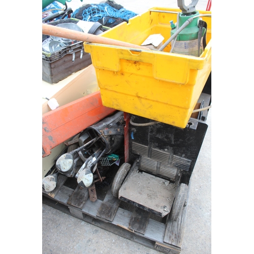 359 - PALLET OF MIXED ITEMS INCLUDING CEBORA MIG WELDER, FLYMO VAC, SHELL CAN, FLUE PARTS ETC.  + VAT