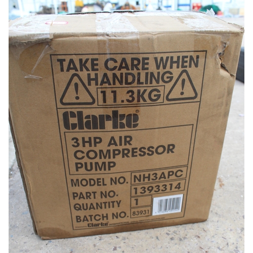 62 - CLARKE AIR COMPRESSOR  3 HP PUMP BOXED  NO VAT