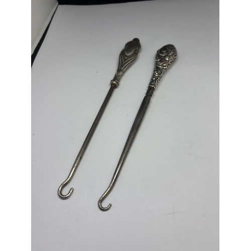 90 - TWO MARKED SILVER TOPPED BUTTON HOOKS