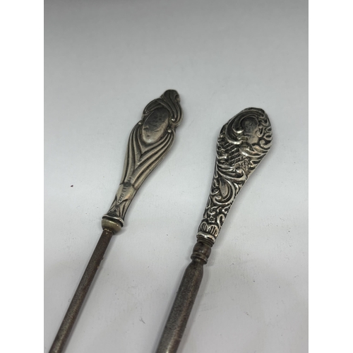 90 - TWO MARKED SILVER TOPPED BUTTON HOOKS