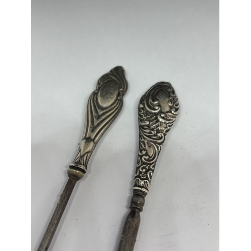 90 - TWO MARKED SILVER TOPPED BUTTON HOOKS