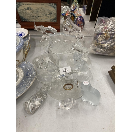 251 - A COLLECTION OF LARGE GLASS ANIMAL THEMED FIGURES PLUS A DOLPHIN MANTLE CLOCK