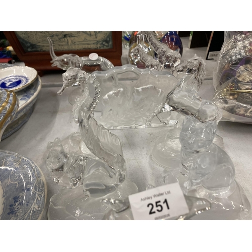 251 - A COLLECTION OF LARGE GLASS ANIMAL THEMED FIGURES PLUS A DOLPHIN MANTLE CLOCK